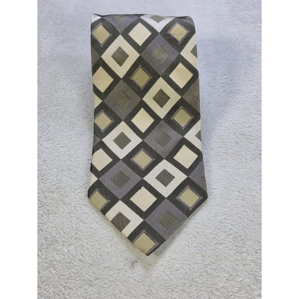 Alexander Julian Colours Silk Tie Geometric Gold Beige Retro Designer Necktie